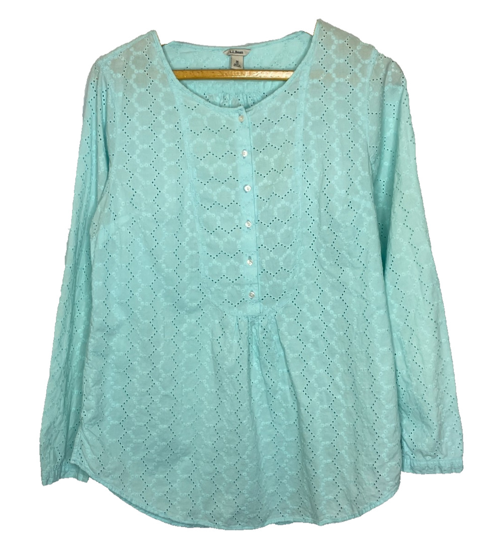 Women's Medium L.L.Bean Teal Blue Eyelet Floral Button Front Blouse